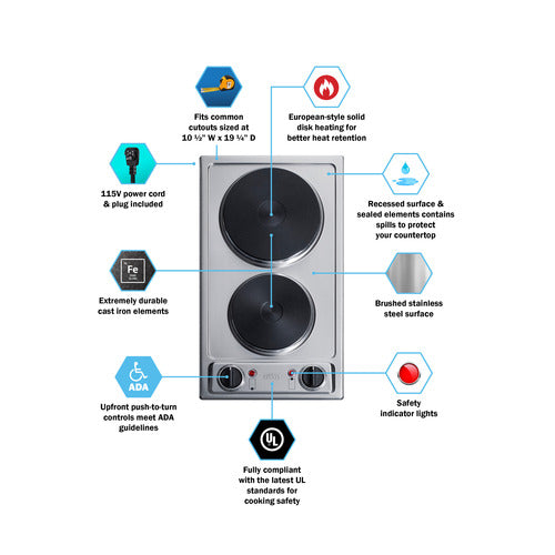 Summit 115V 2-Burner Solid Disk Cooktop, 12" Wide, Stainless Steel (CSD2B115)