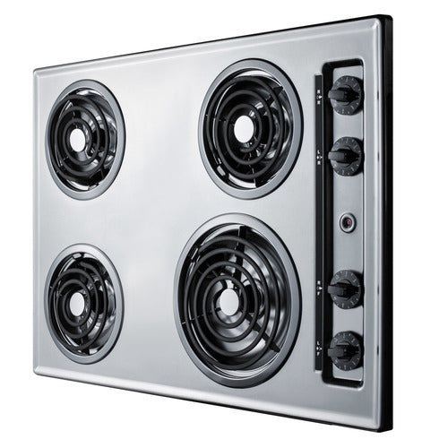 Summit 230V 4-Burner Coil Cooktop, 30" Wide, Chrome (ZEL05)